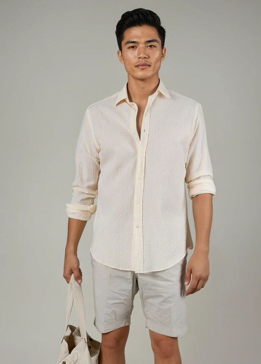 Camisa sport  seersucker raya amarilla