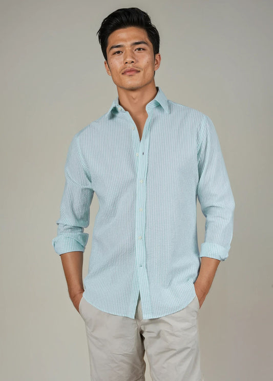 Camisa sport  seersucker raya verde