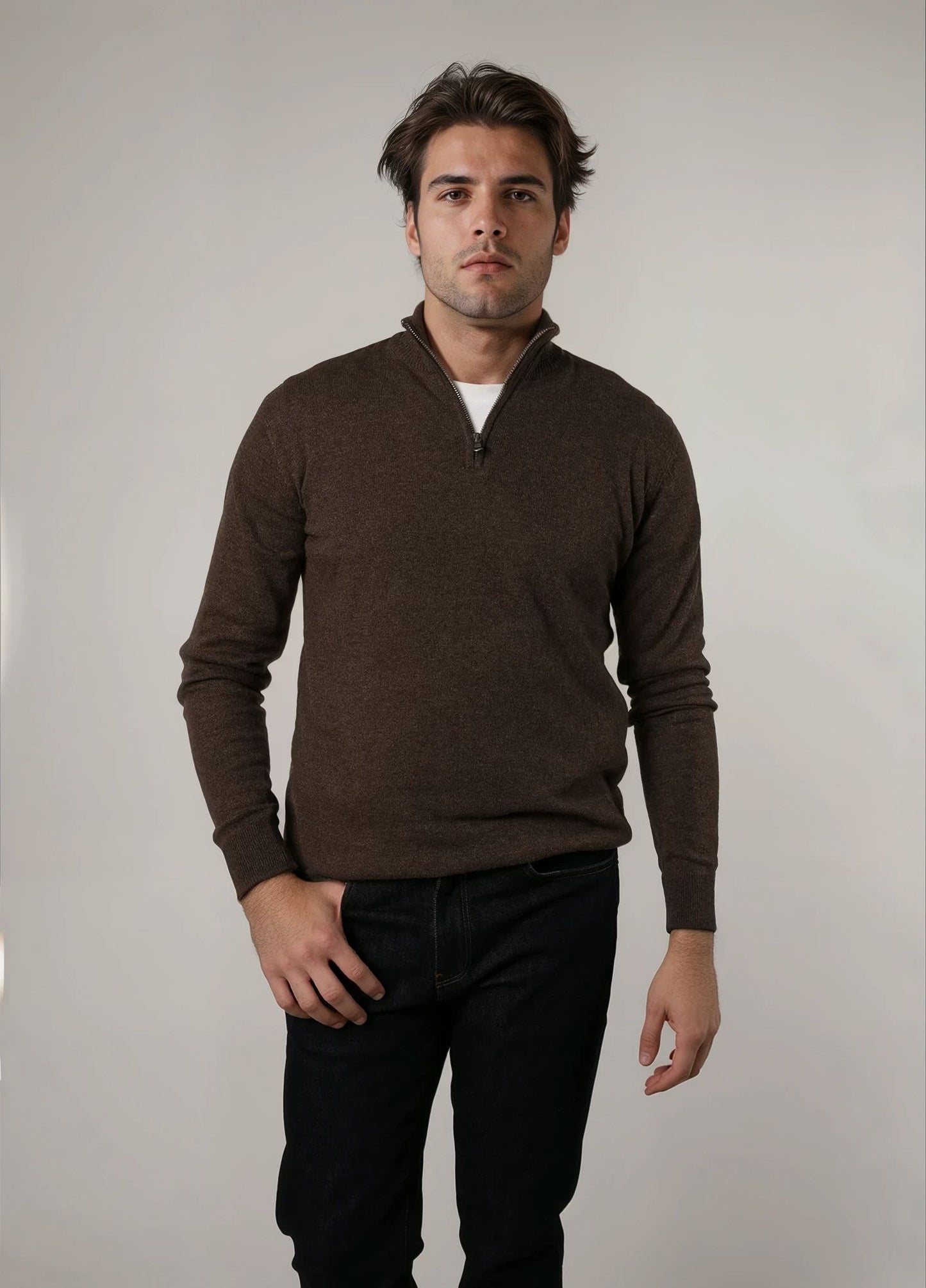 Jersey cuello zip lana marrón