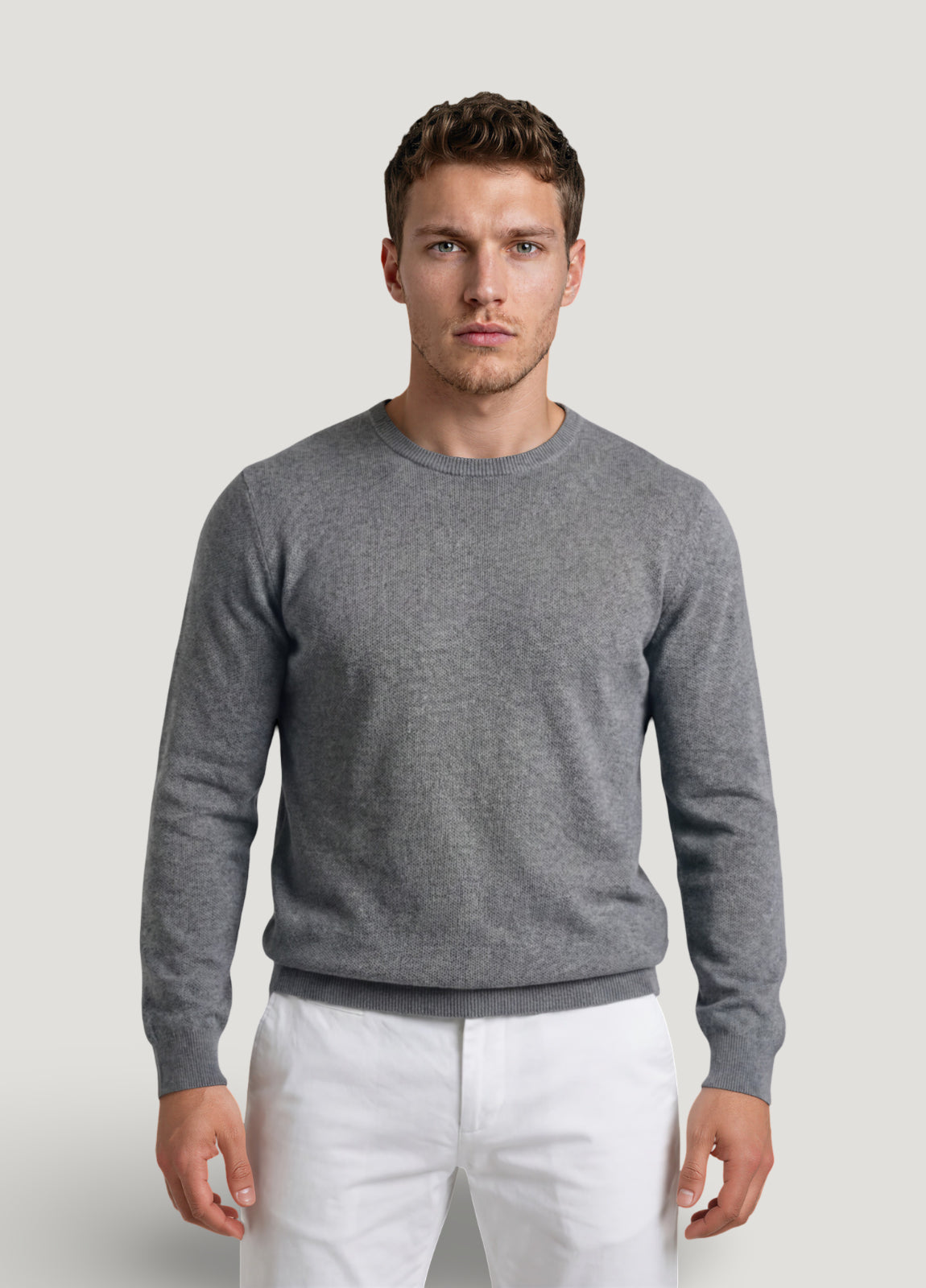 Jersey cuello redondo punto de arroz gris medio