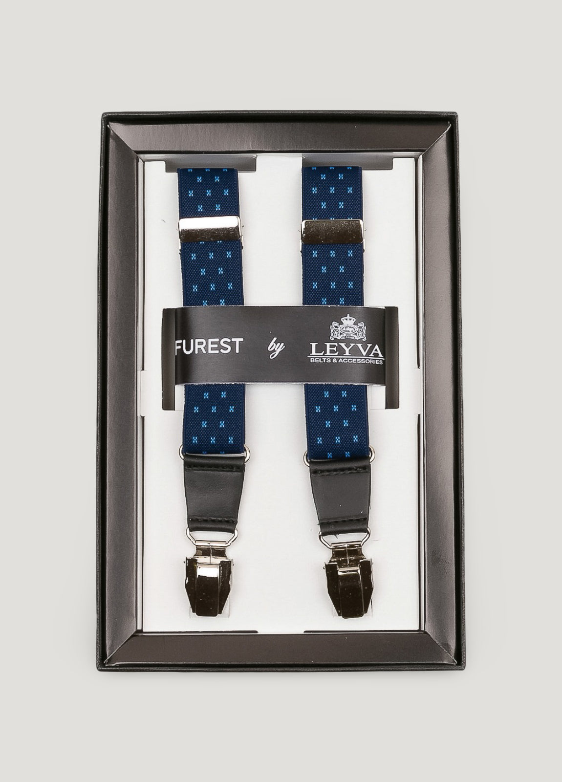 Dress suspenders with small blue pattern