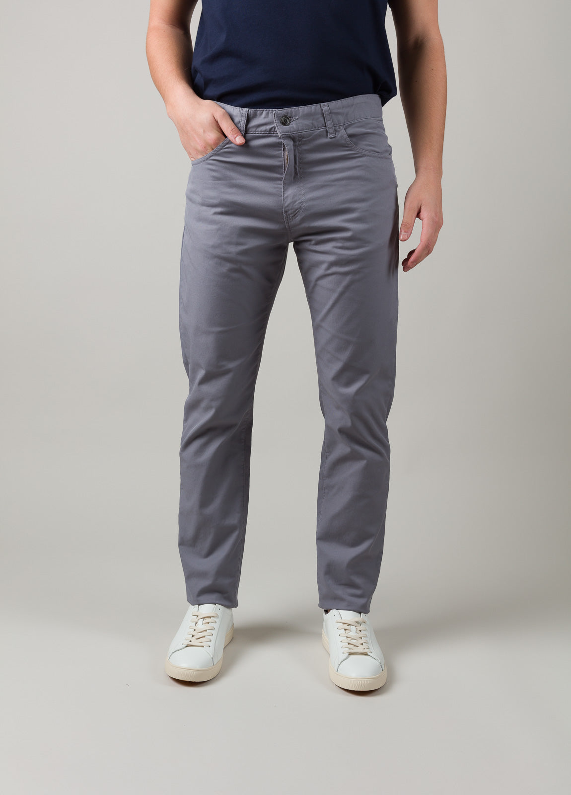 Gray five-pocket pants