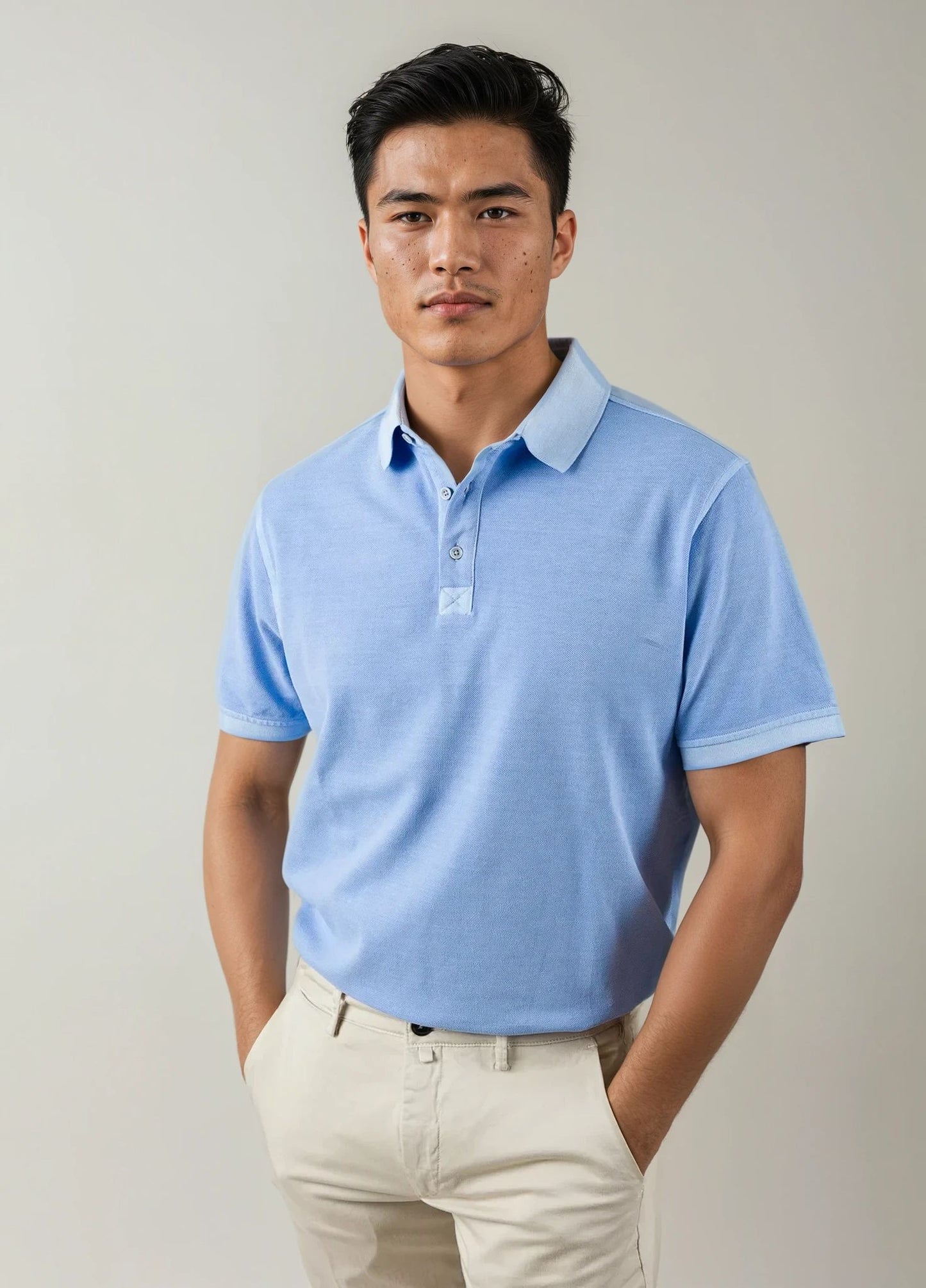 Polo manga corta garment dye pique celeste