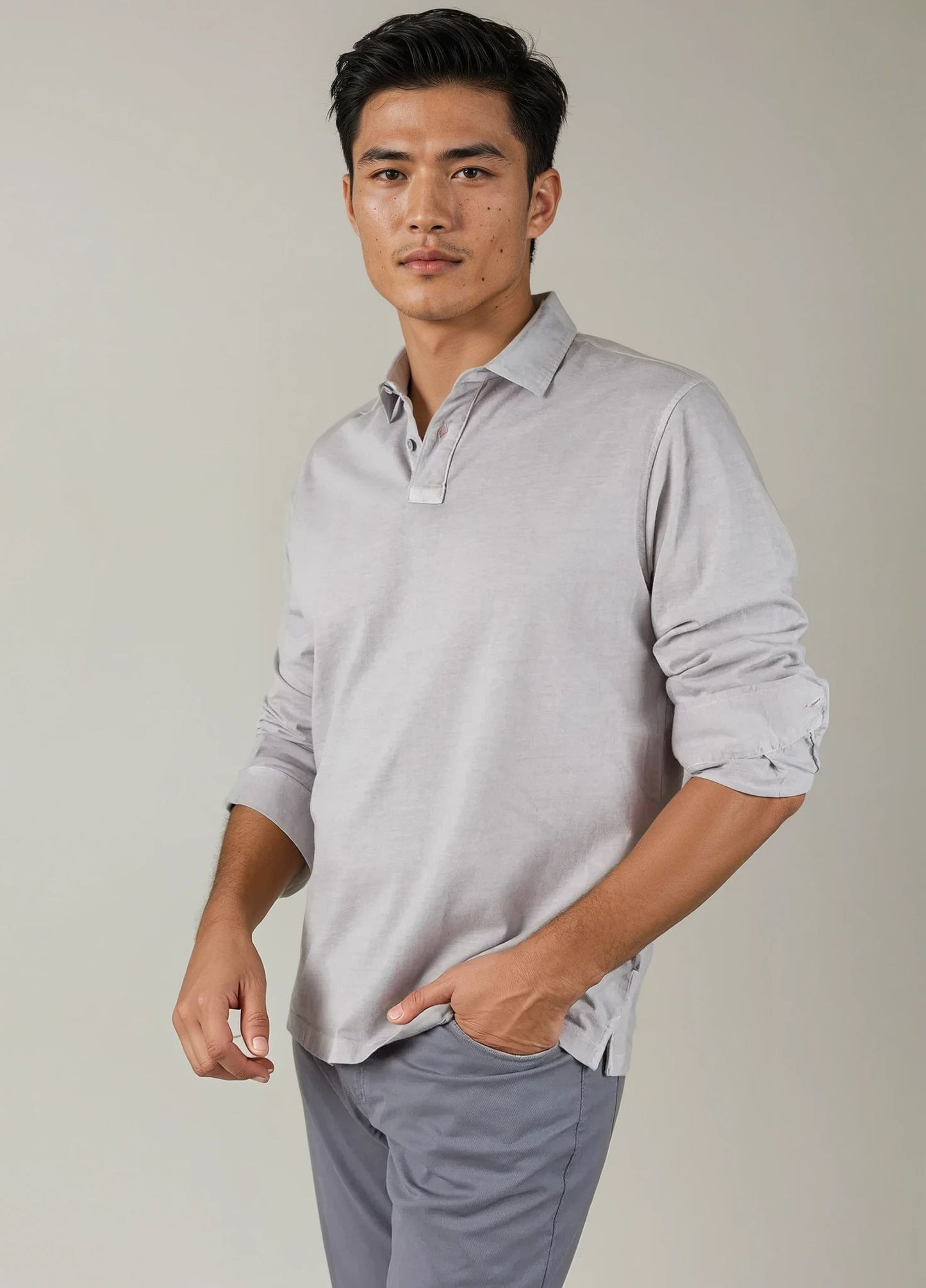 Plain stone long-sleeved polo shirt