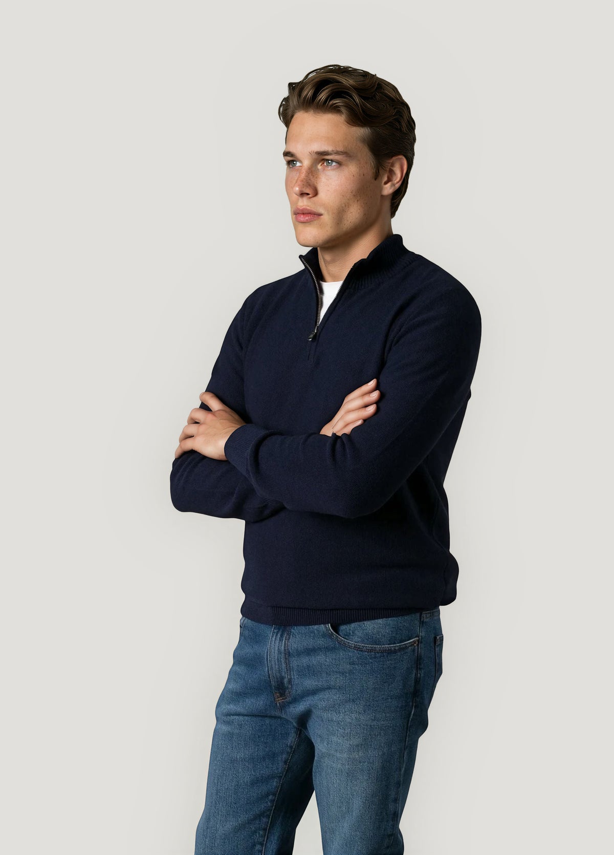 Navy rice-knit zip-neck jumper