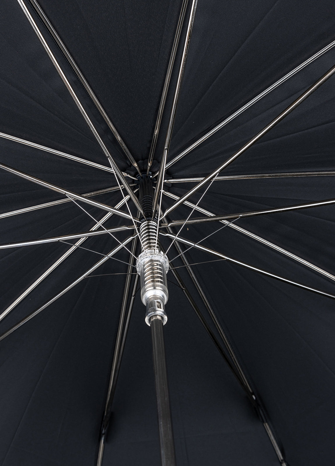 Black umbrella with wooden handle.