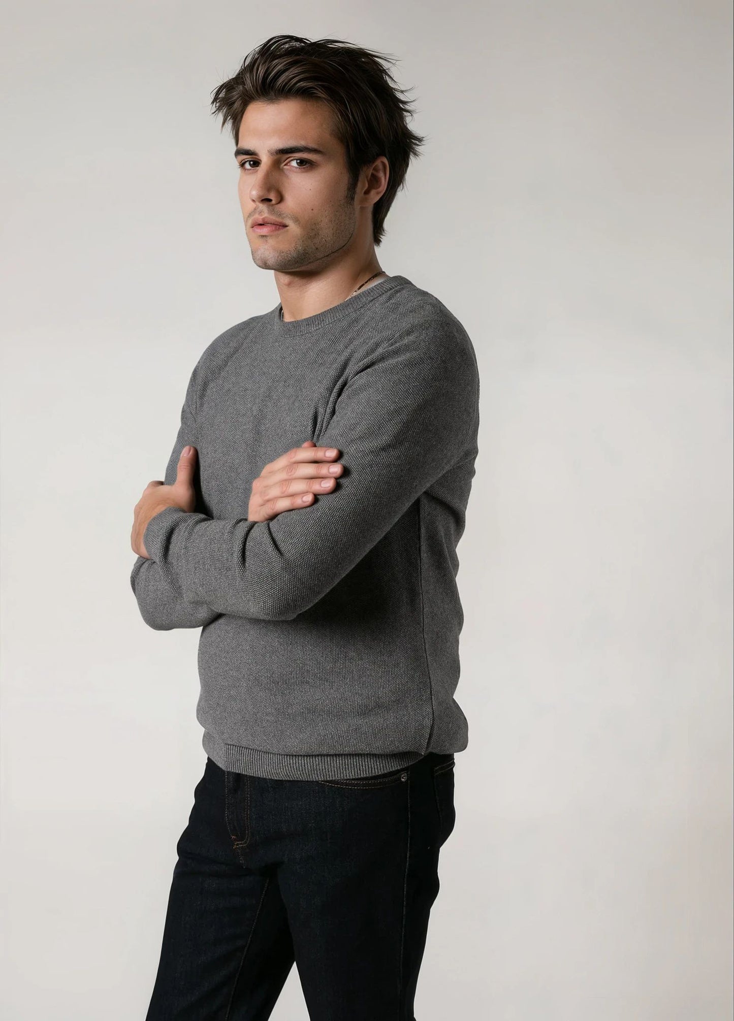 Jersey cuello redondo punto de arroz gris medio