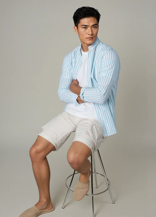 Camisa sport  mao rayas verde agua