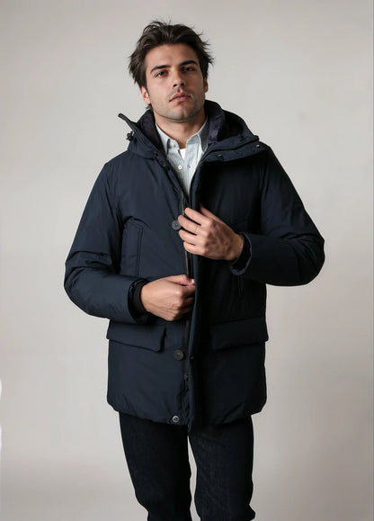 Navy technical parka with hood