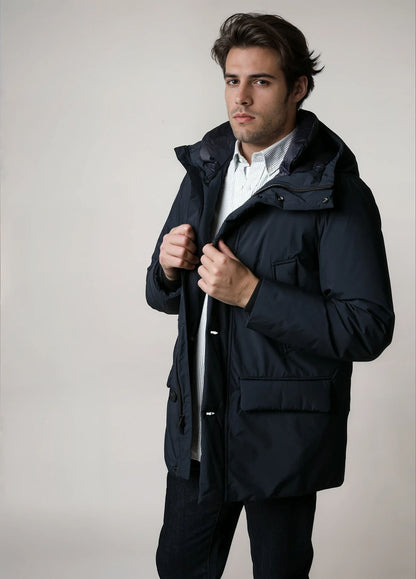 Navy technical parka with hood