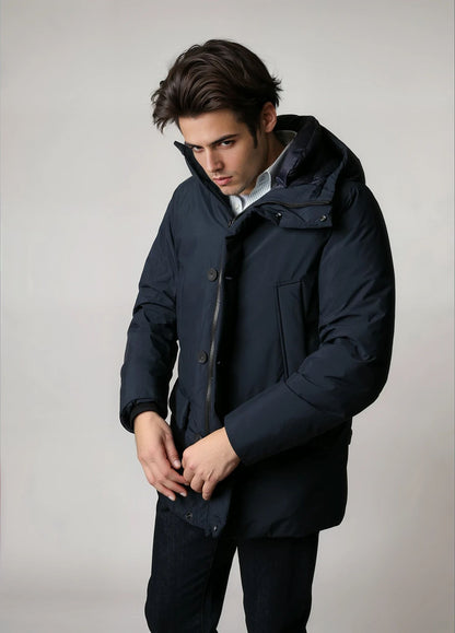 Navy technical parka with hood