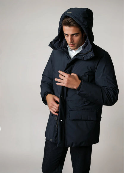Navy technical parka with hood