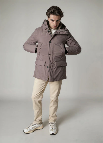 Navy blue technical parka with hood