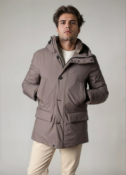 Navy blue technical parka with hood