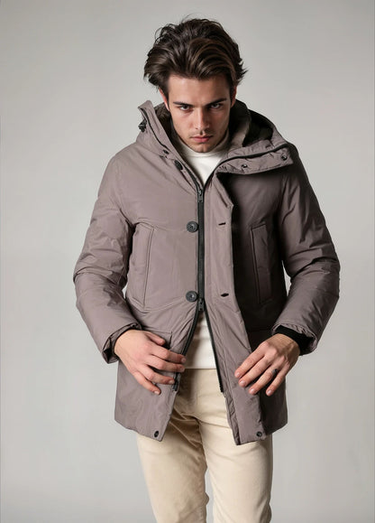 Navy blue technical parka with hood