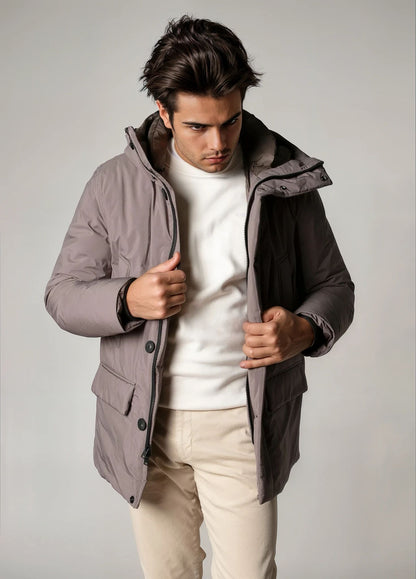 Navy blue technical parka with hood