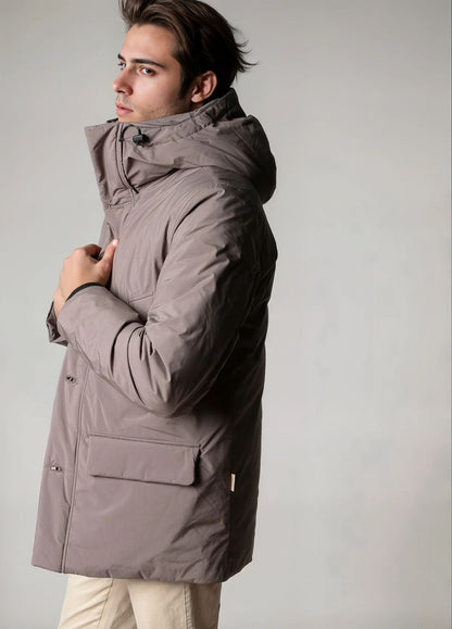 Navy blue technical parka with hood