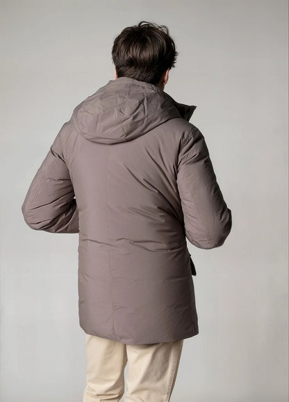Navy blue technical parka with hood