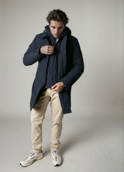 Navy blue technical parka with hood