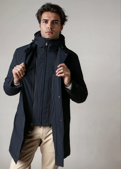 Navy blue technical parka with hood