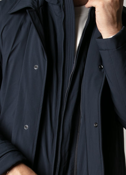Navy blue technical parka with hood