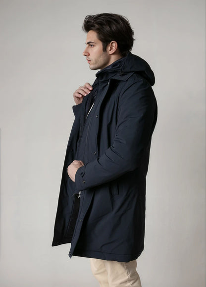 Navy blue technical parka with hood