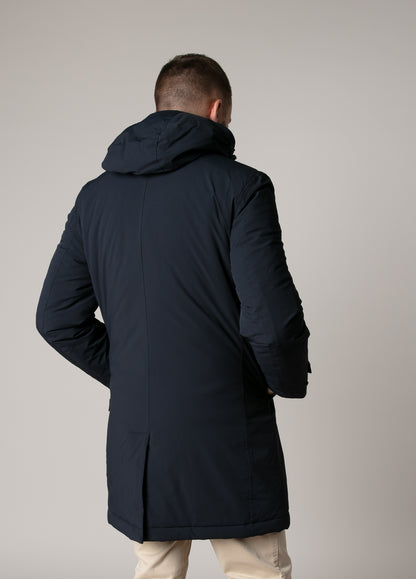 Navy blue technical parka with hood