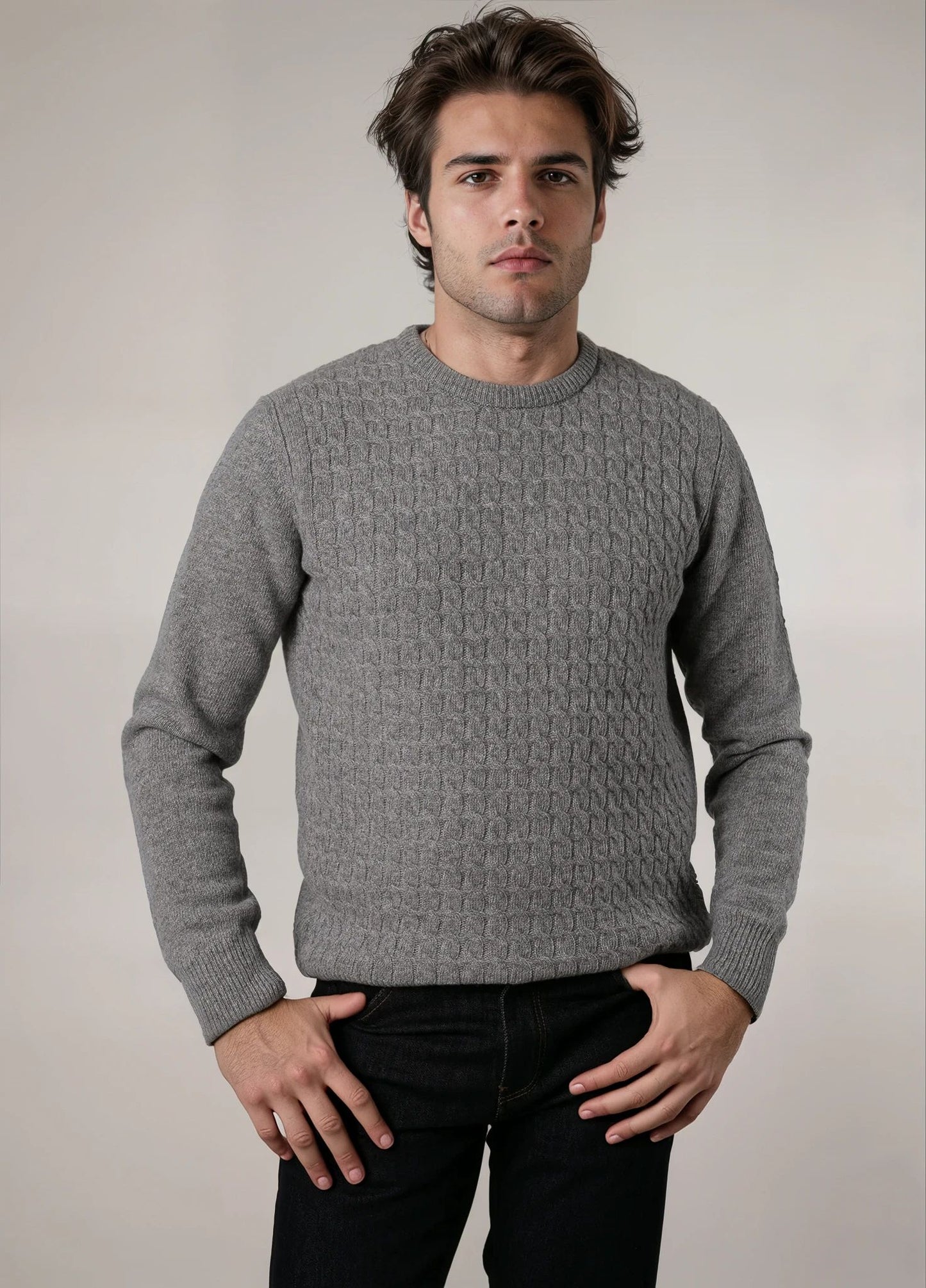 Jersey cuello redondo trenzado gris