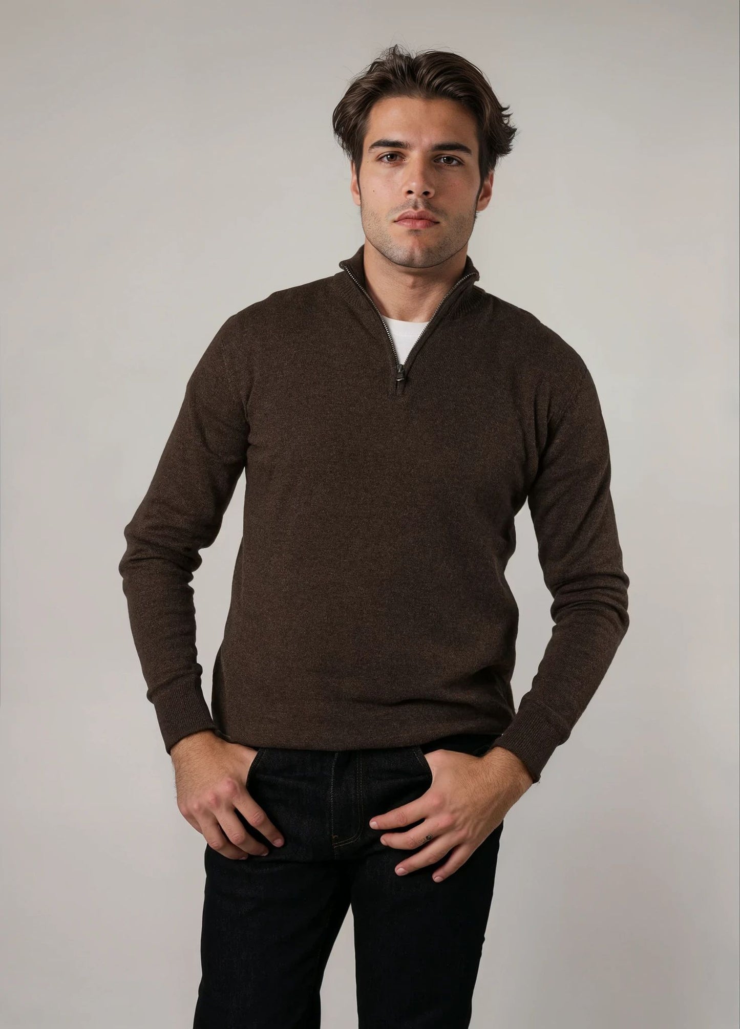 Jersey cuello zip lana marrón