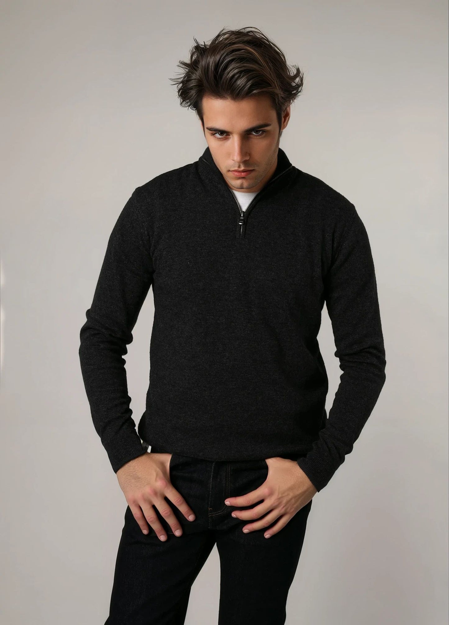 Jersey cuello zip lana antracita