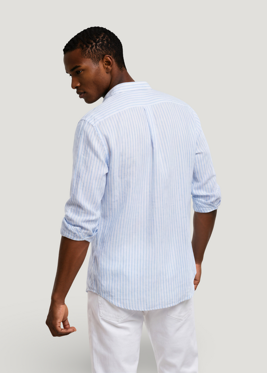 Mao collar linen shirt with light blue stripes