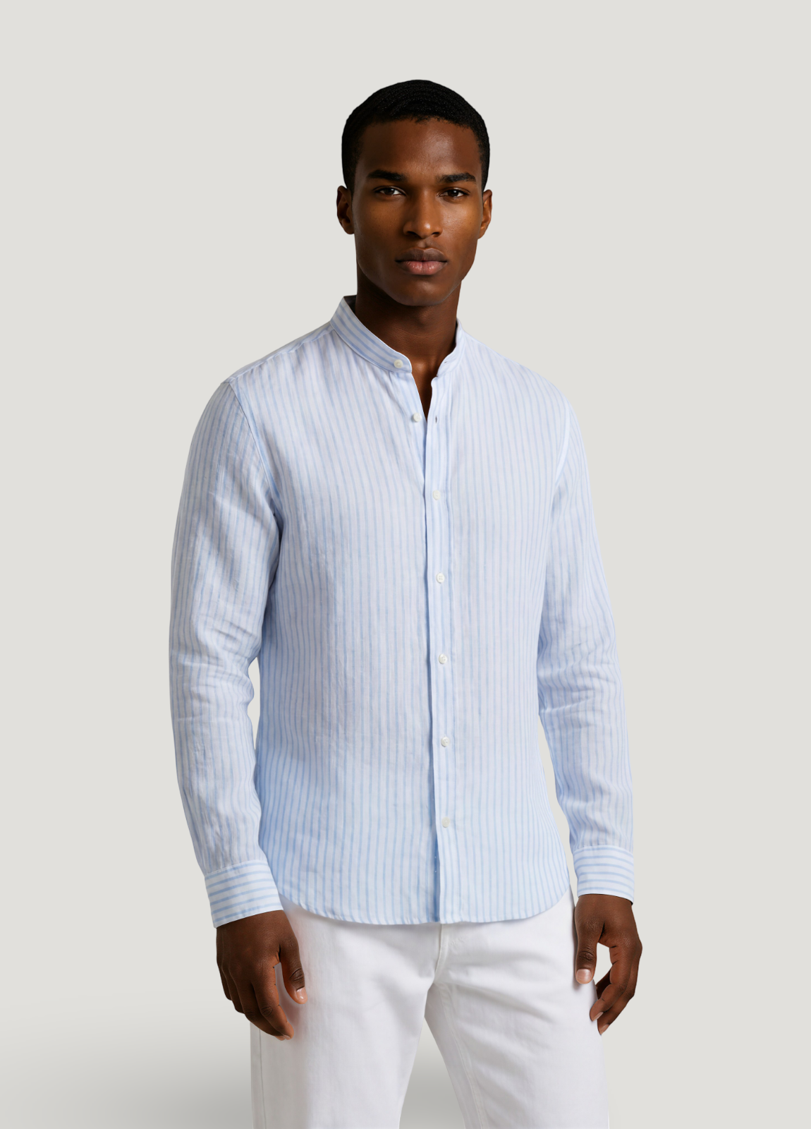 Mao collar linen shirt with light blue stripes