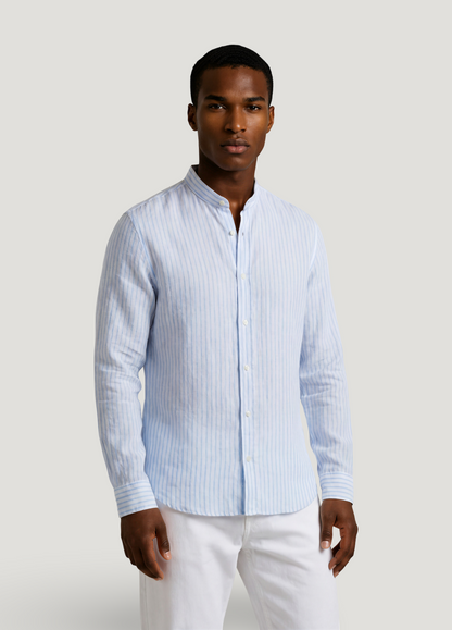Mao collar linen shirt with light blue stripes