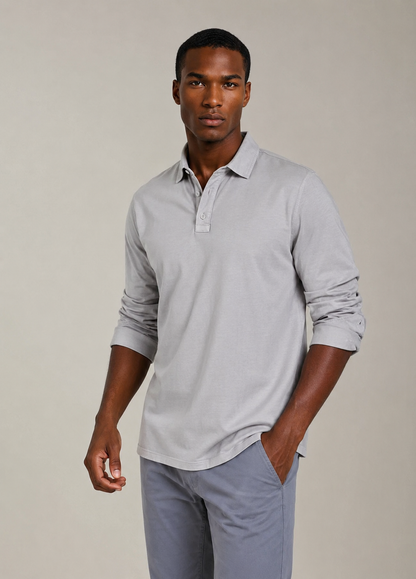 Long-sleeve garment-dyed polo shirt in stone