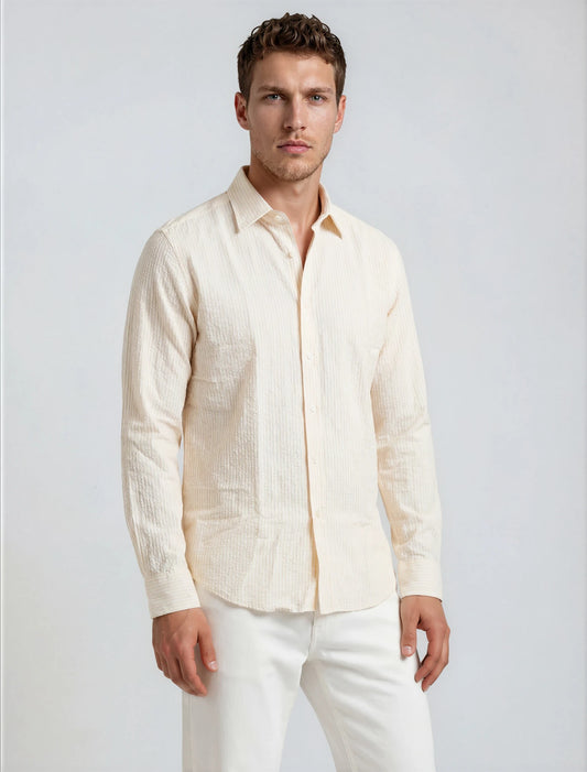 Camisa sport  seersucker raya amarilla