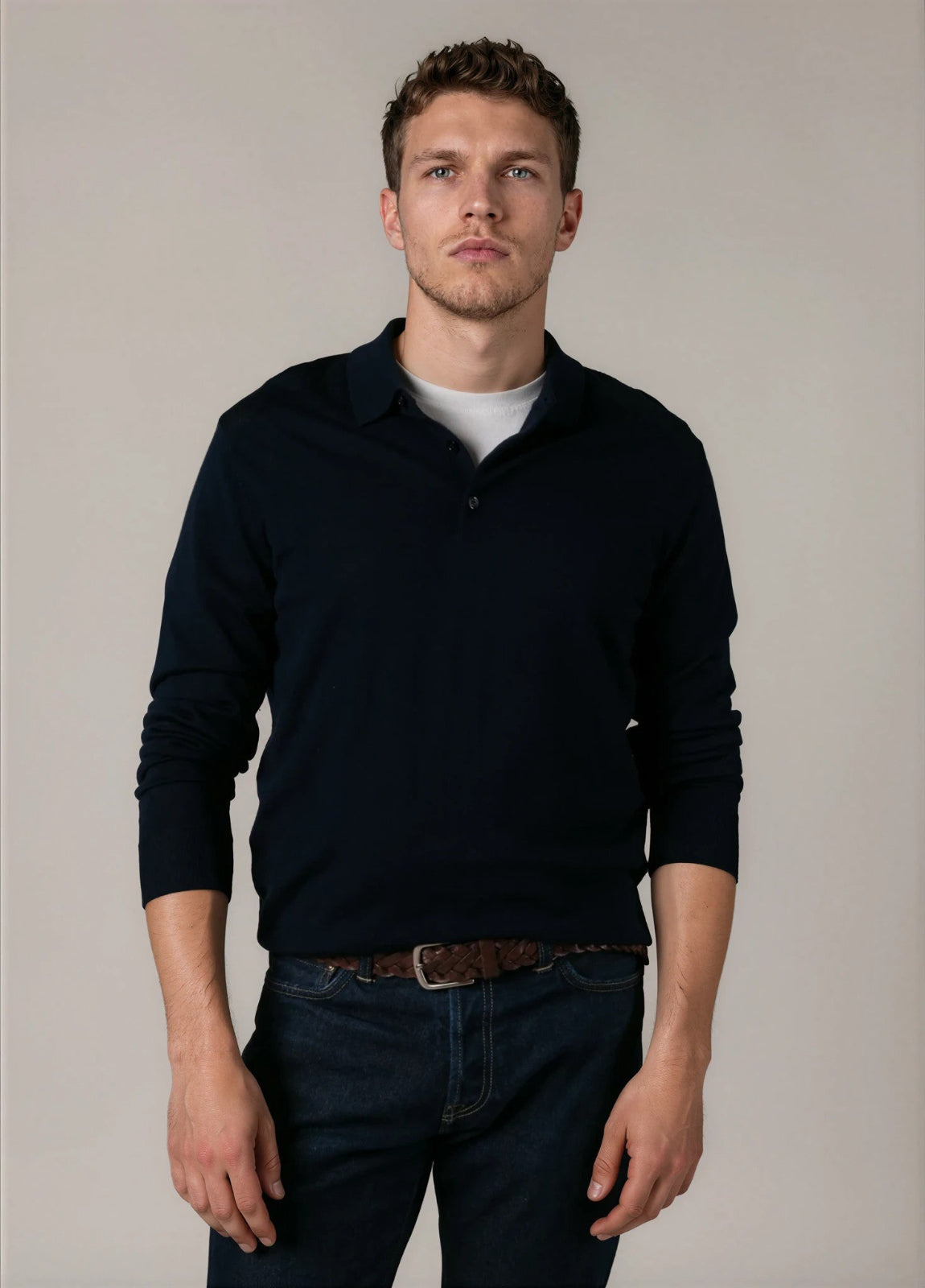 Jersey cuello polo lana merino azul marino