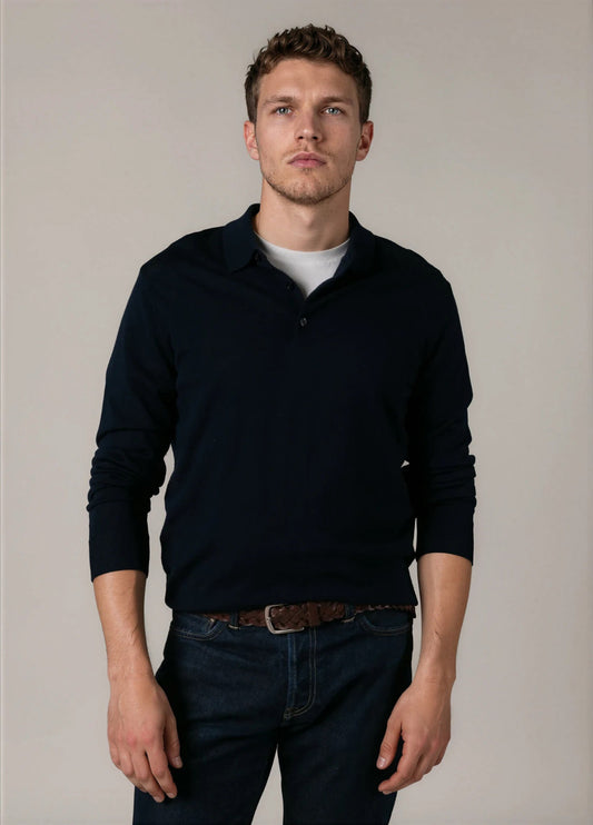 Jersey cuello polo lana merino azul marino
