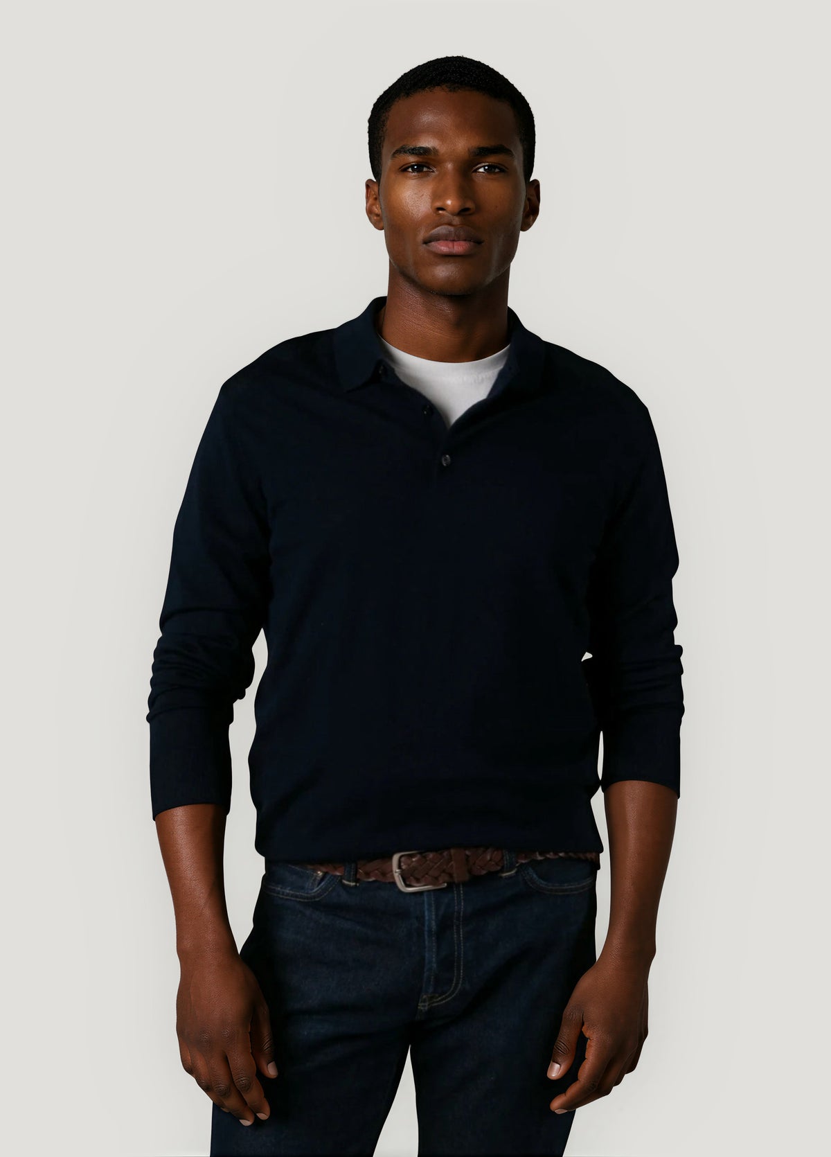 Navy blue merino wool polo neck jumper