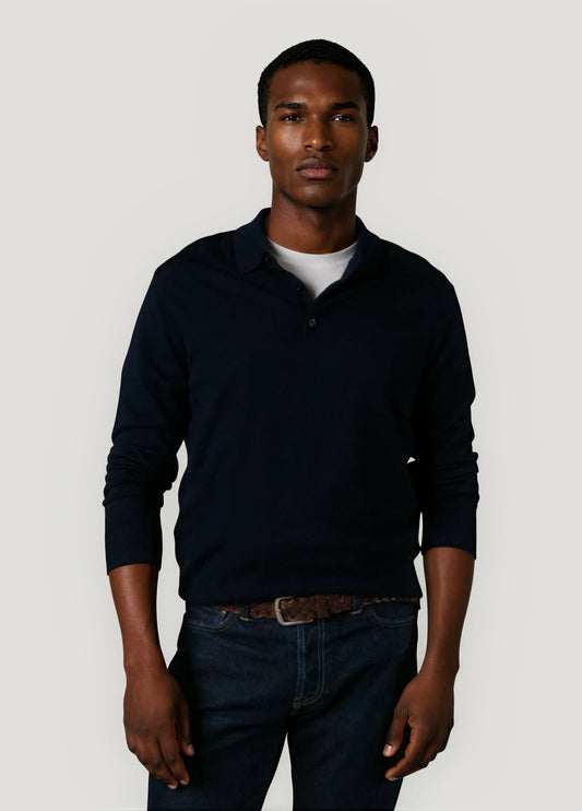 Navy blue merino wool polo neck jumper