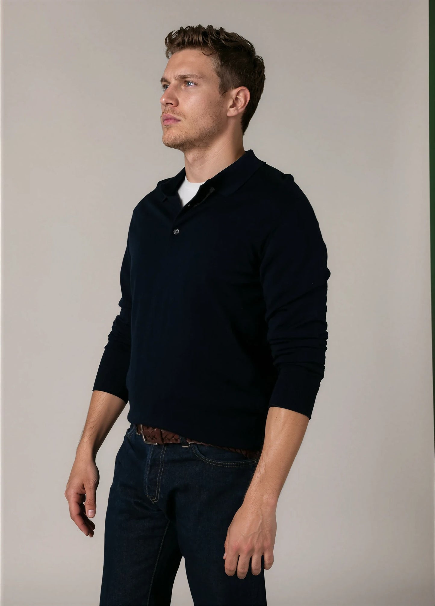 Jersey cuello polo lana merino azul marino