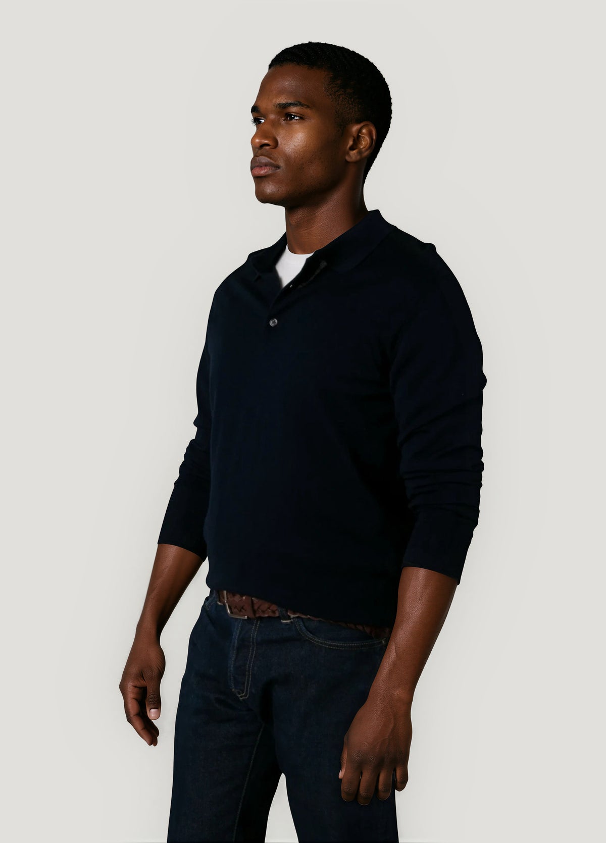 Navy blue merino wool polo neck jumper