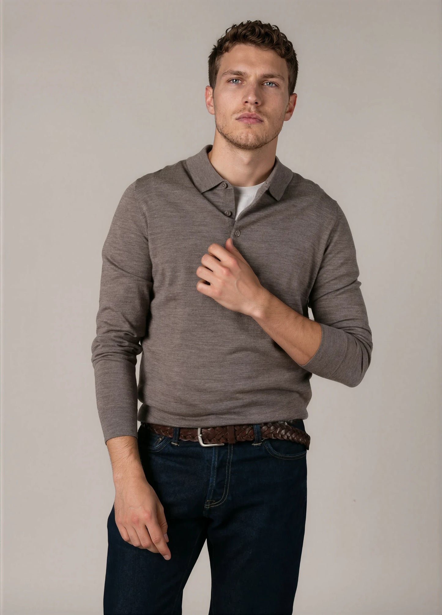 Jersey cuello polo lana merino visón