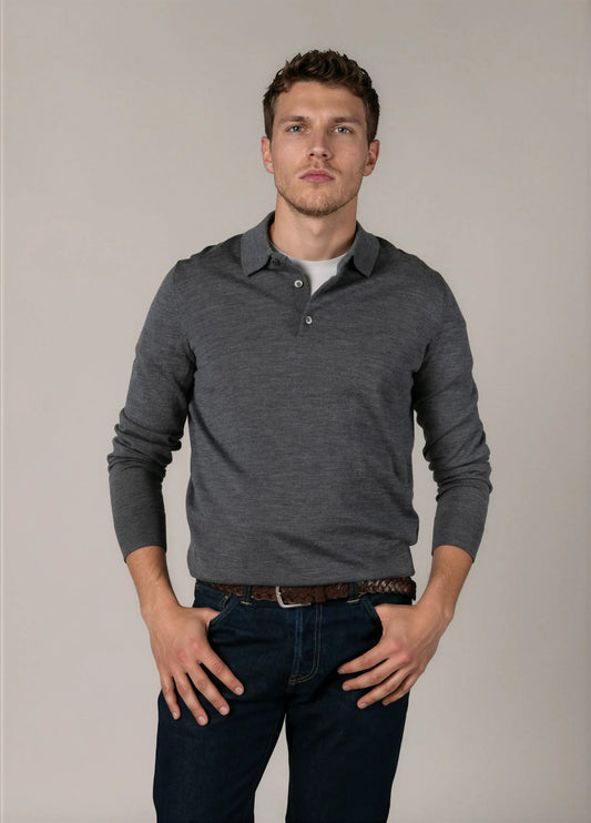 Jersey cuello polo lana merino gris oscuro