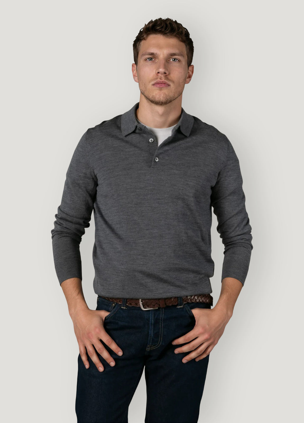 Jersey cuello polo lana merino gris oscuro