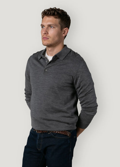 Jersey cuello polo lana merino gris oscuro