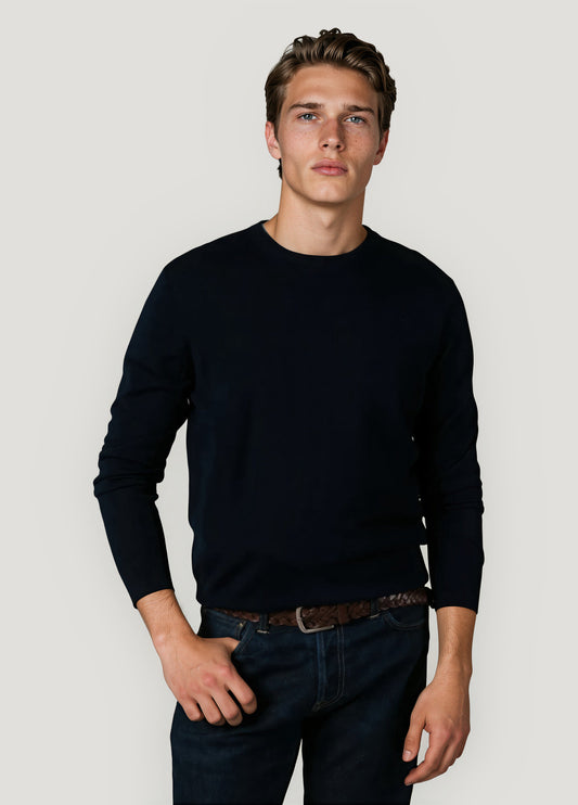 Navy blue merino wool crew neck sweater