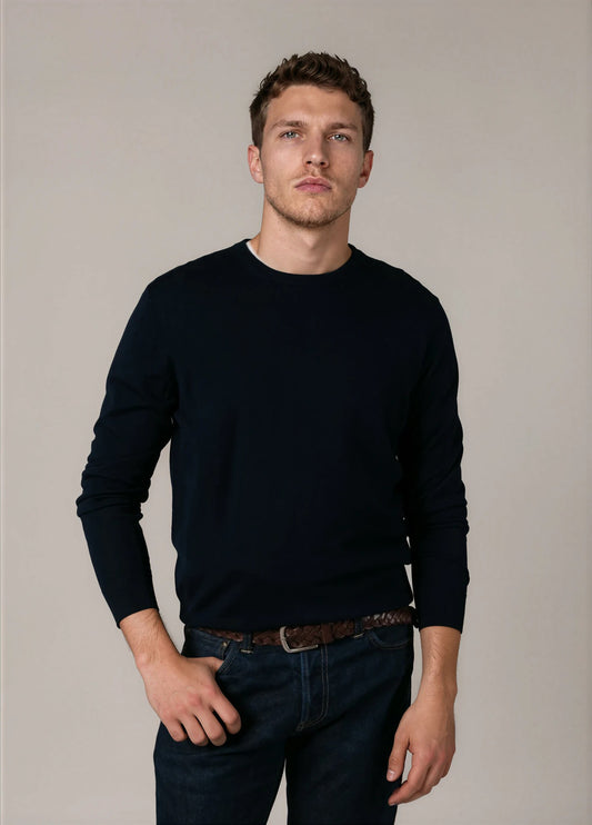 Jersey cuello redondo lana merino azul marino