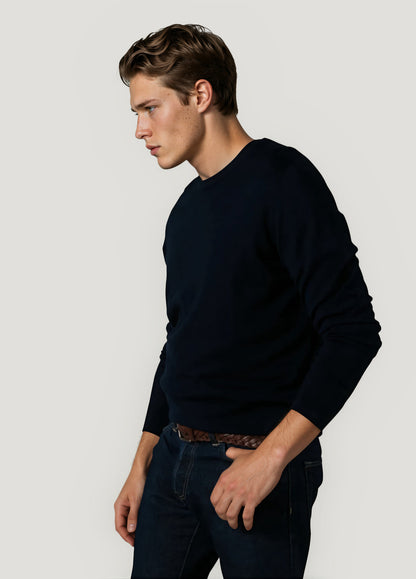 Navy blue merino wool crew neck sweater
