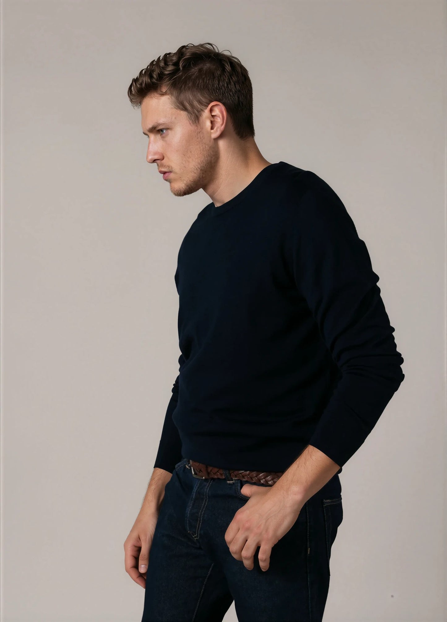 Jersey cuello redondo lana merino azul marino