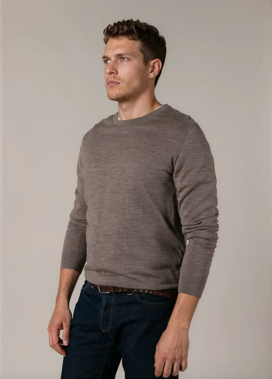 Jersey cuello redondo lana merino tostado